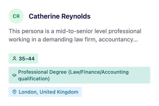 Marketing persona card for Catherine Reynolds, a mid-to-senior level professional