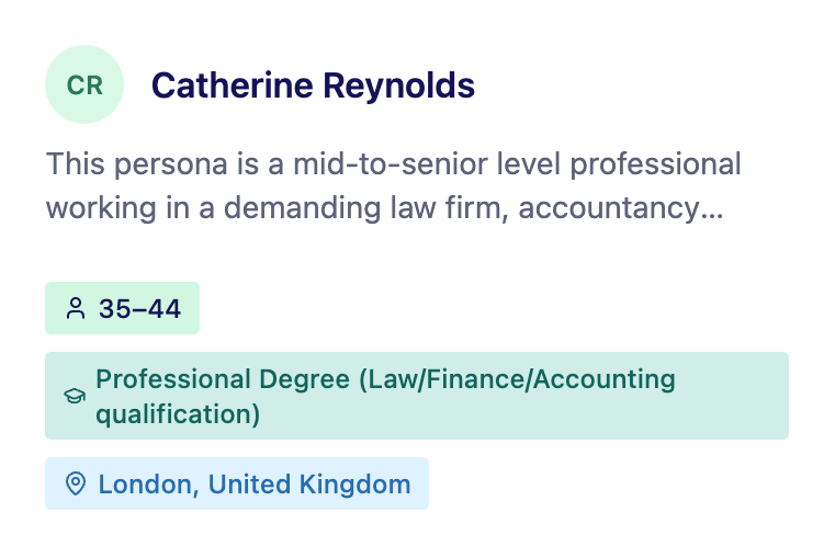 Marketing persona card for Catherine Reynolds, a mid-to-senior level professional