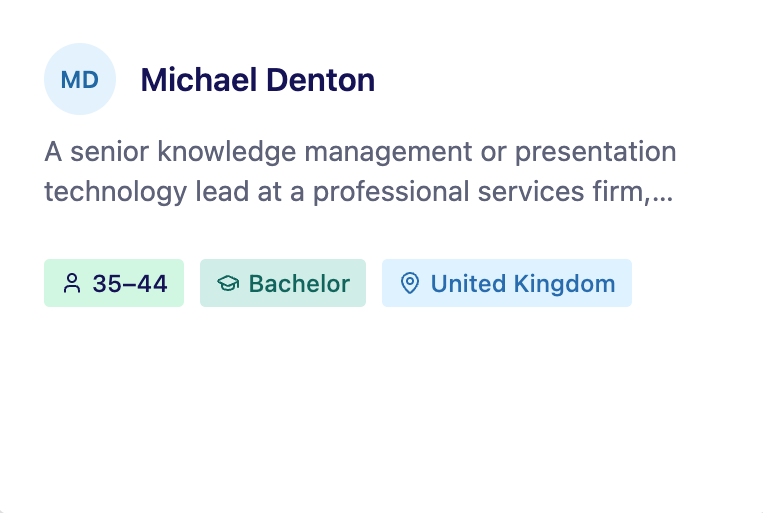 Marketing persona card for Michael Denton, a senior knowledge management lead